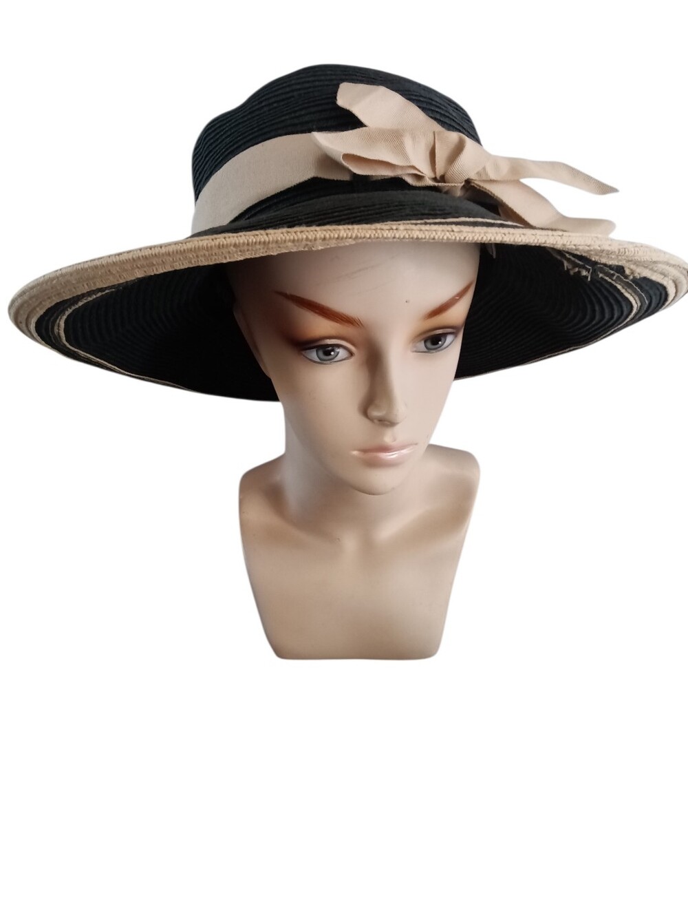 Coolibar Fedora Black Woven Straw Hat Cream Ribbon EUC - Picture 2 of 7